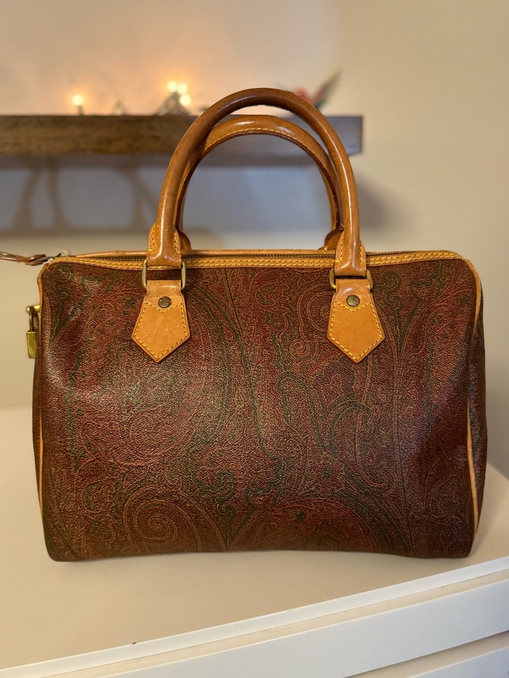 ETRO Milano Paisley Boston Bag Brown Leather Speedy Satchel Made in Italy - Picture 2 of 10